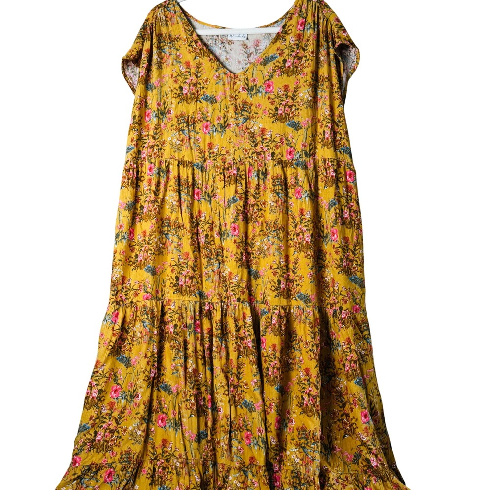Wonderly 2X Mustard Floral Maxi Dress Cottagecore Boho Tiered Cap Sleeve Rayon - Picture 12 of 13